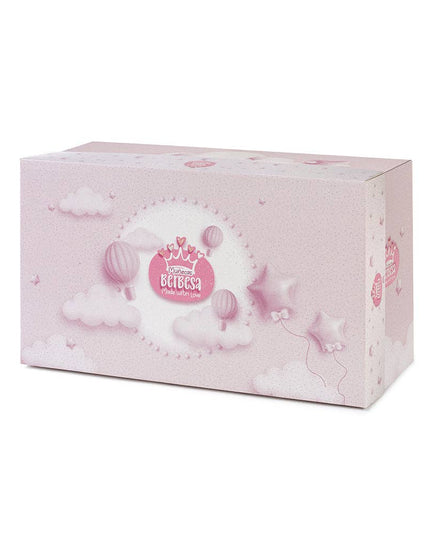 Pink baby-themed box with 'Bebes' branding on a white background