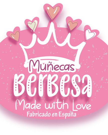 Pink crown with hearts and 'Muéncas Berbesa' branding on a white background