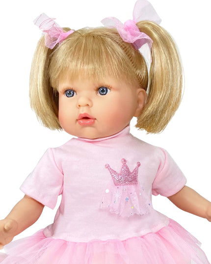 Doll in a pink dress with a tiara design on a white background