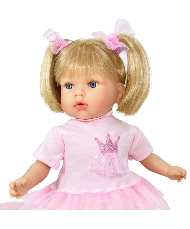 Doll in a pink dress with a tiara design on a white background