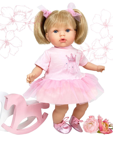 Doll in a pink dress with a rocking horse and flowers on a white background