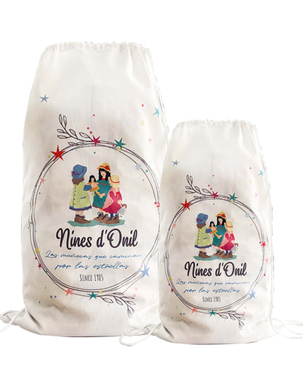 Two white drawstring bags with colorful graphics and text on a white background