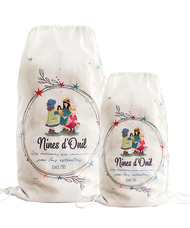 Two white drawstring bags with colorful graphics and text on a white background