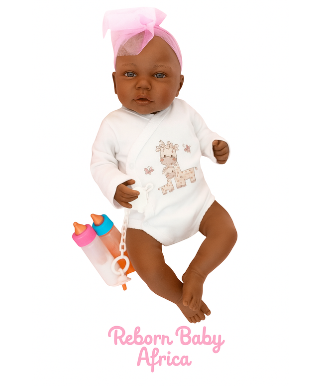 Reborn baby doll in a white onesie with a pink headband, holding a bottle and pacifier, on a white background.