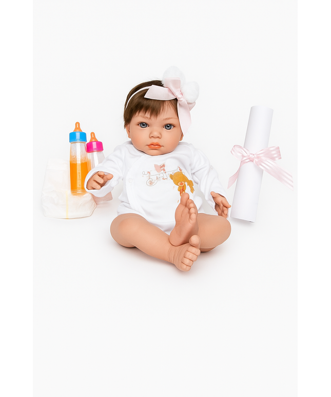 Baby doll with white outfit and headband, surrounded by baby items on a white background