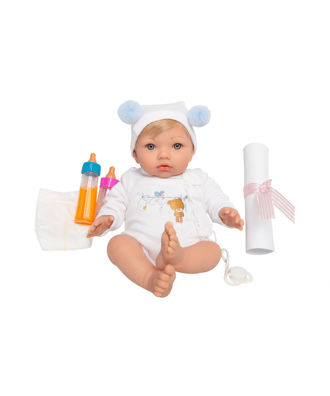 Baby doll with accessories including a bottle, pacifier, and toy on a white background