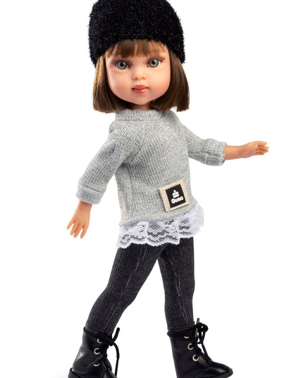 Doll wearing a black hat, gray sweater, black pants, and black boots on a white background
