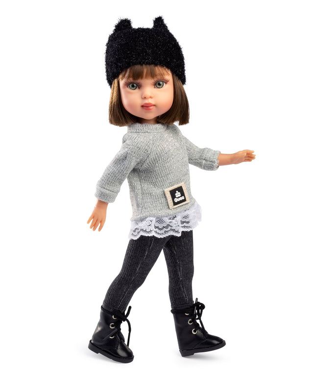 Doll wearing a black hat, gray sweater, black pants, and black boots on a white background