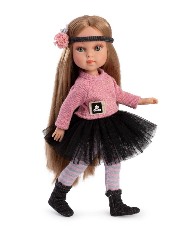 Doll wearing a pink sweater, black tutu, and striped leggings on a white background