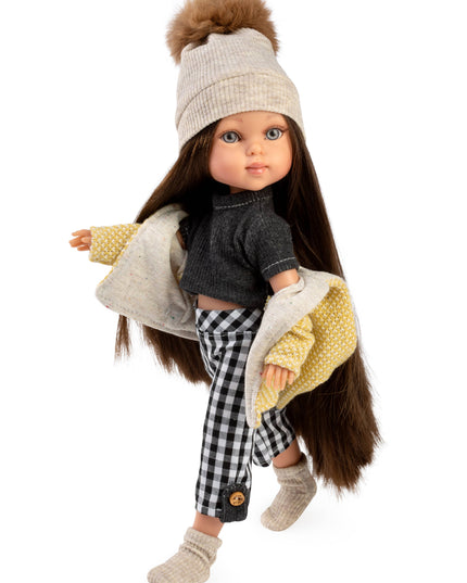Doll wearing a beanie, jacket, and checkered pants on a white background