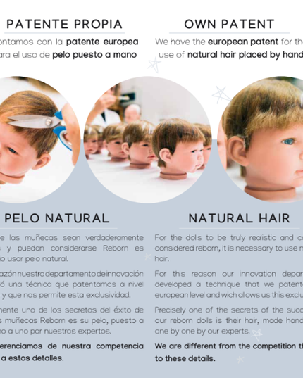 Advertisement for Reborn dolls with images of babies and dolls, highlighting natural hair use and European patent.