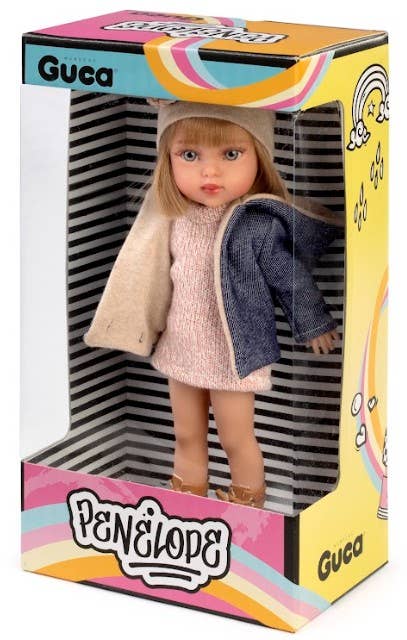 Guka doll in a colorful box with 'Penelope' branding