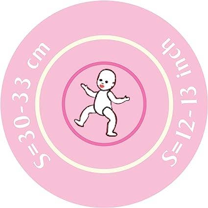 Pink circular size chart with baby illustration and measurements
