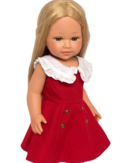 Doll wearing a red dress with a white collar on a white background (Doll Not Included)