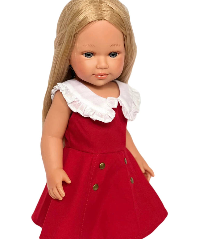 Doll wearing a red dress with a white collar on a white background (Doll Not Included)