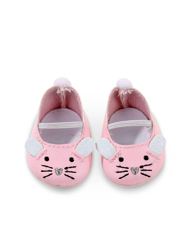 Pink baby shoes with cat face design on a white background