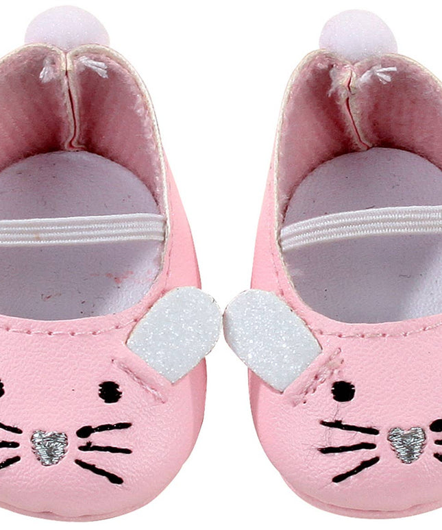 Pink baby shoes with cat face design on a white background