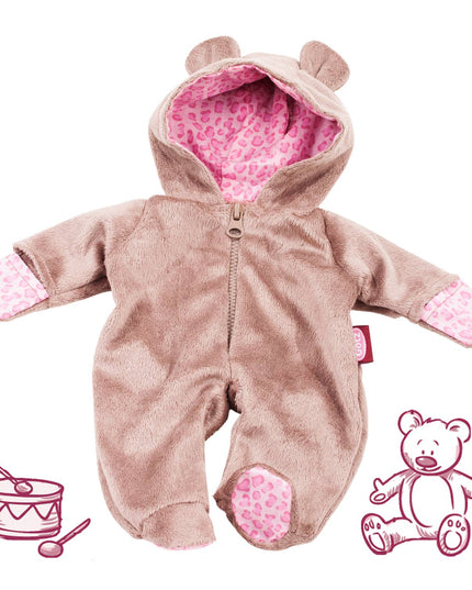 Brown baby romper with pink interior and accessories on a white background