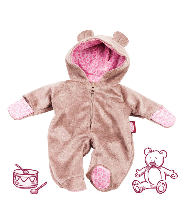 Brown baby romper with pink interior and accessories on a white background