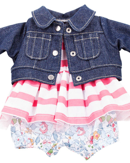 Denim jacket over a striped dress with floral bottom on a white background