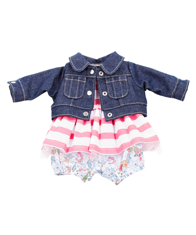 Denim jacket over a striped dress with floral bottom on a white background