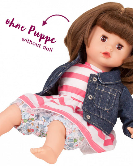 Doll without a body on a white background with text 'ohne Puppe without doll'.