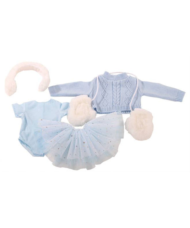Set of baby blue outfit with white fluffy elements on a white background