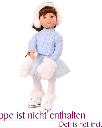 Doll in ice skating outfit with text 'Puppe ist nicht enthalten' on a white background
