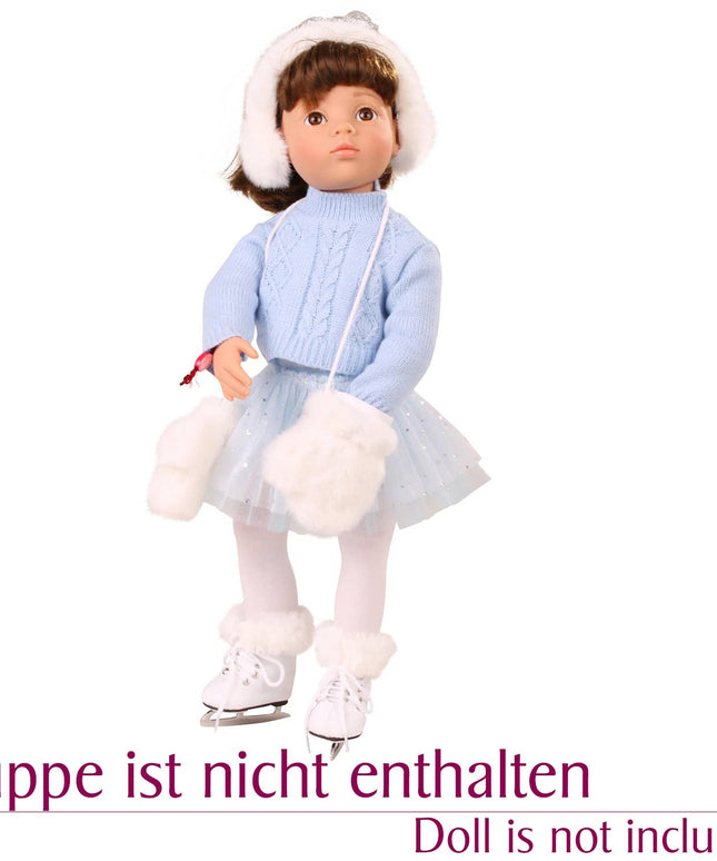 Doll in ice skating outfit with text 'Puppe ist nicht enthalten' on a white background