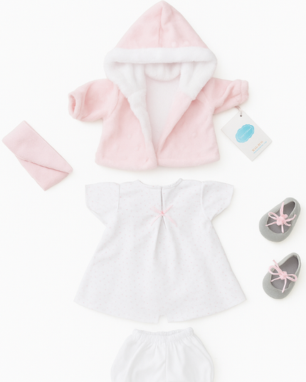 Baby outfit set with pink and white hoodie, pants, and shoes on a white background