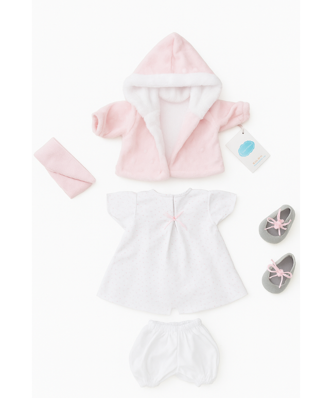 Baby outfit set with pink and white hoodie, pants, and shoes on a white background