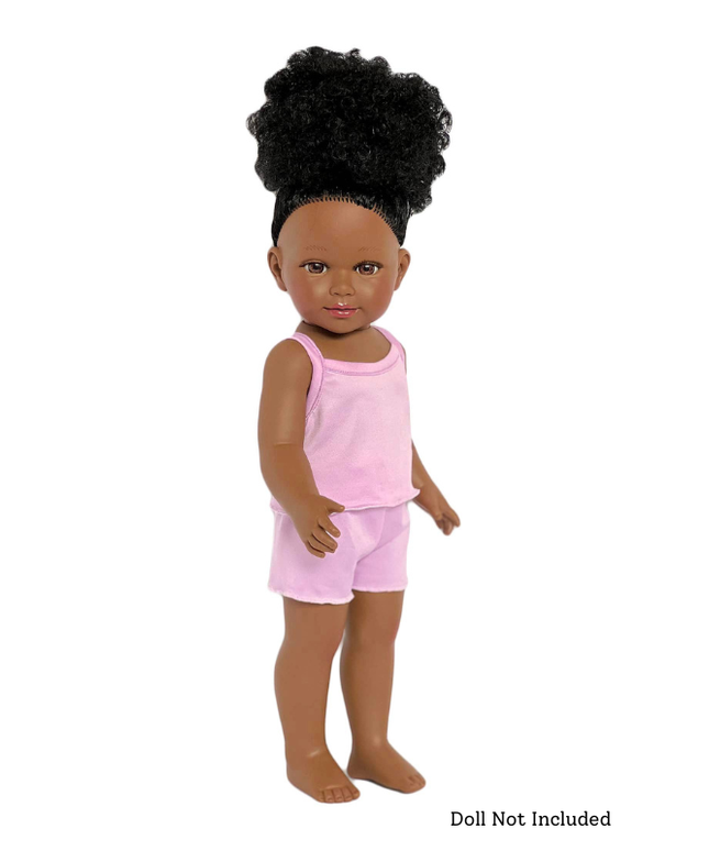 Doll with pink top and shorts on a white background