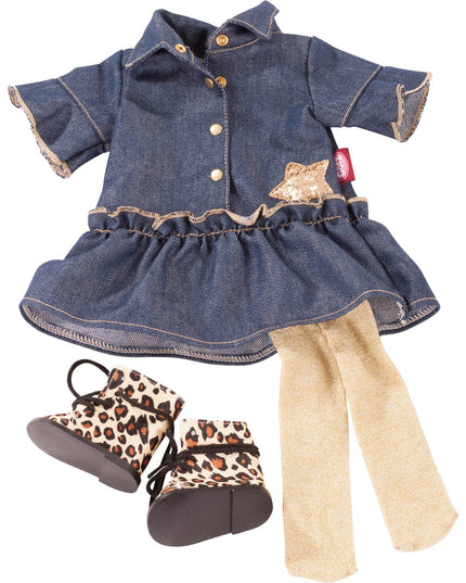 Denim dress with leopard print boots and beige leggings on a white background