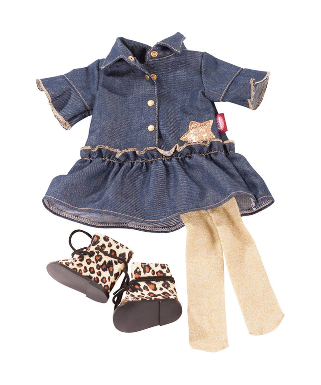 Denim dress with leopard print boots and beige leggings on a white background