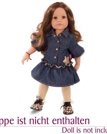 Doll wearing a denim outfit with a star detail on a white background