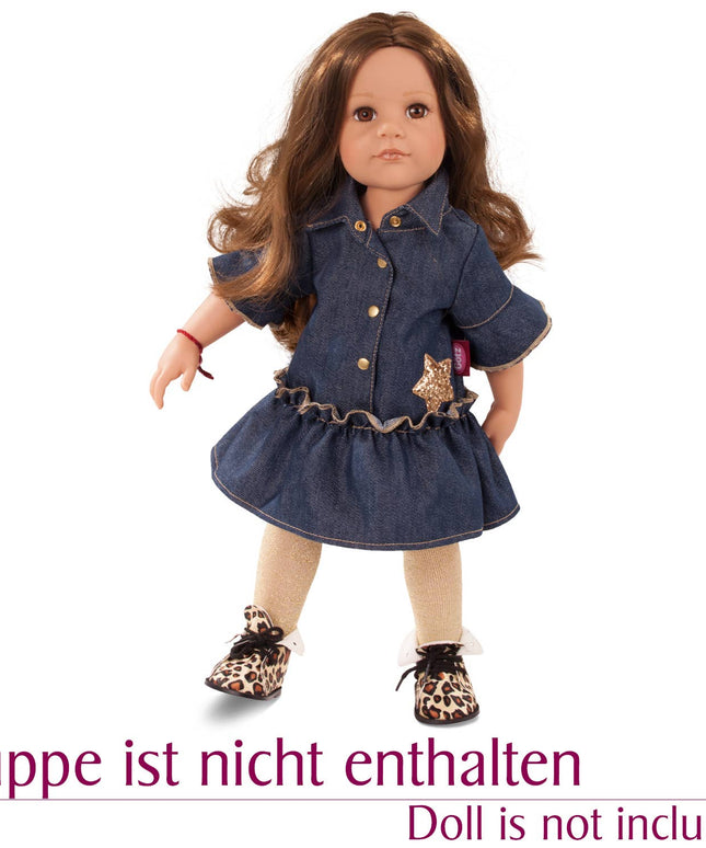 Doll wearing a denim outfit with a star detail on a white background