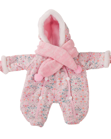 Pink baby snowsuit with floral pattern and matching hat on a white background