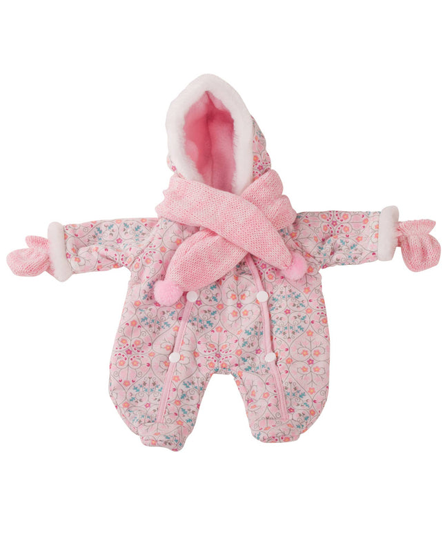 Pink baby snowsuit with floral pattern and matching hat on a white background