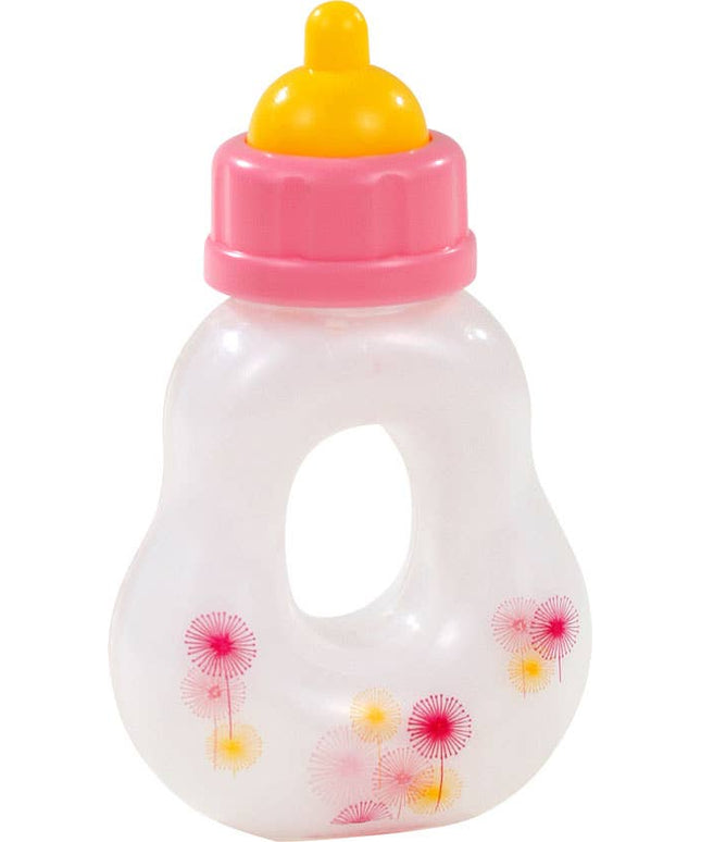 Toy bottle with pink cap and floral design on a white background