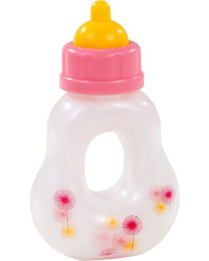 Toy baby bottle with pink cap and floral design on a white background