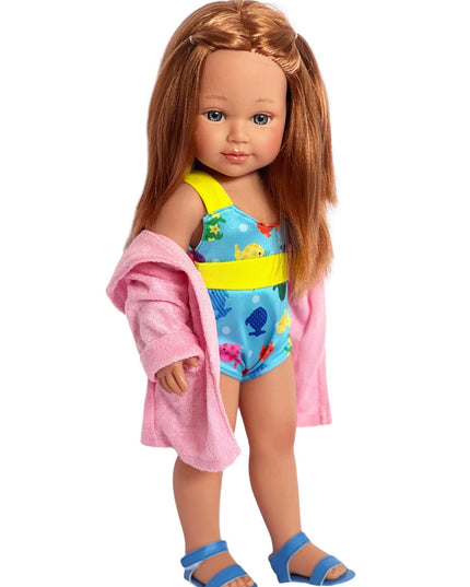 Doll with a colorful swimsuit and pink towel on a white background (Doll Not Included)