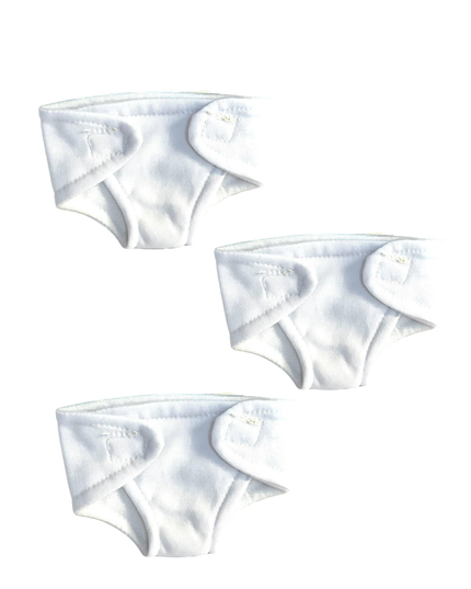 Three pairs of white baby doll cloth diapers on a white background