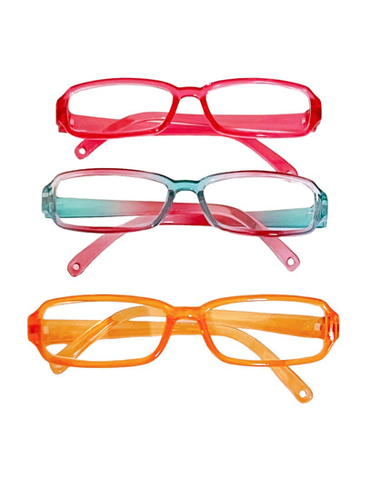 Three pairs of colorful glasses for dolls on a white background