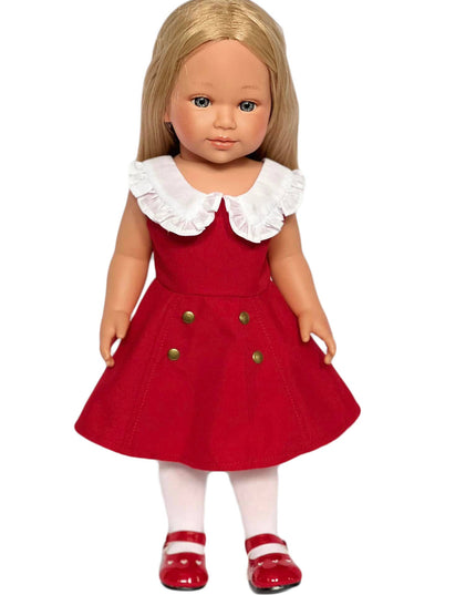Doll wearing a red dress with a white collar on a white background (Doll Not Included)
