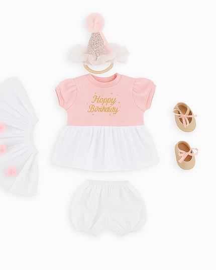 Baby girl's birthday outfit with pink top and white skirt, accompanied by shoes and a hat on a white background.