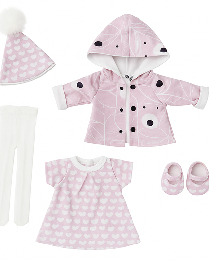 Baby clothing set with pink raincoat, dress, shoes, and hat on a white background