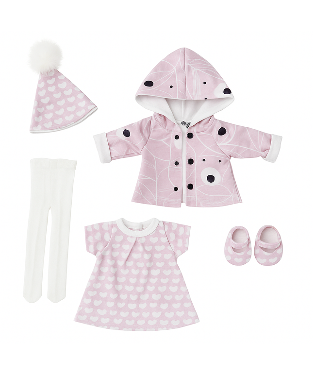Baby clothing set with pink raincoat, dress, shoes, and hat on a white background