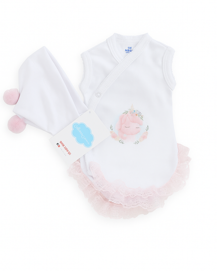 Baby outfit with white bib, pink pants, and cartoon character on a white background
