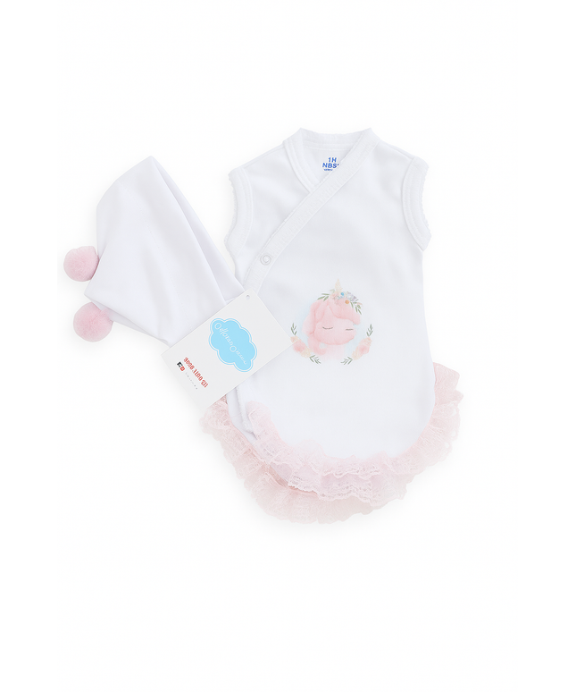 Baby outfit with white bib, pink pants, and cartoon character on a white background