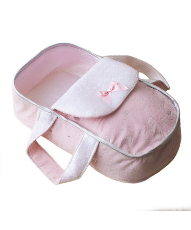 Pink baby carrier with a bow on a white background